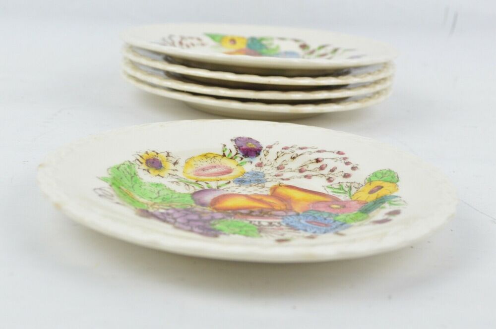 Vernon Kilns Fruitdale Plates Set 5 6.5" Hand Painted USA Vintage 1940s